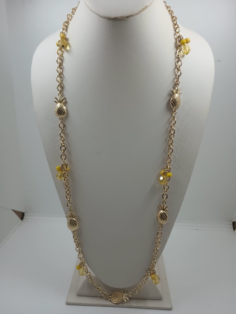 Long Gold Tone Pineapple And Bead Necklace